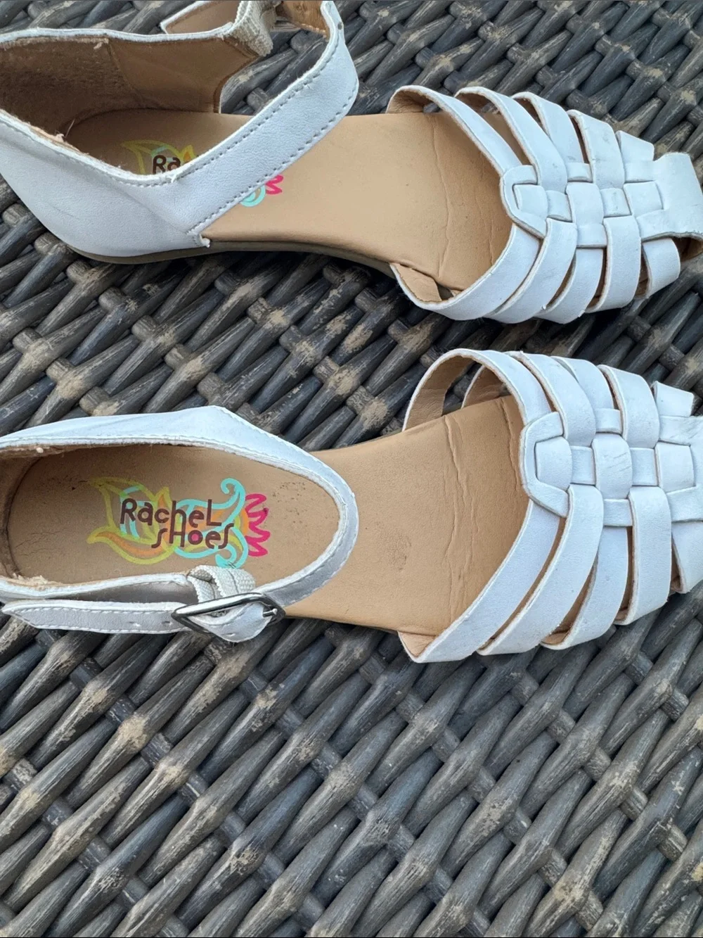 Rachel Shoes White Woven Strap Sandals with Ankle Buckle
